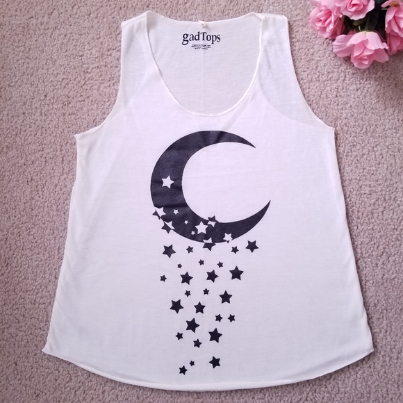 gadTops Tops - Moon and Stars Graphic Black and Off White Simple Tank Top